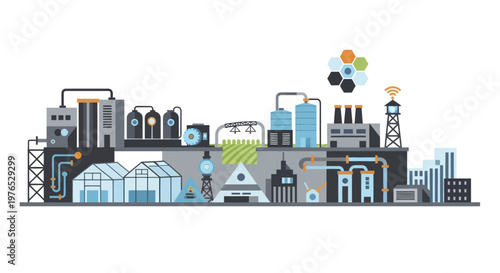 Modern Industrial Factory Complex with Green Energy Elements.