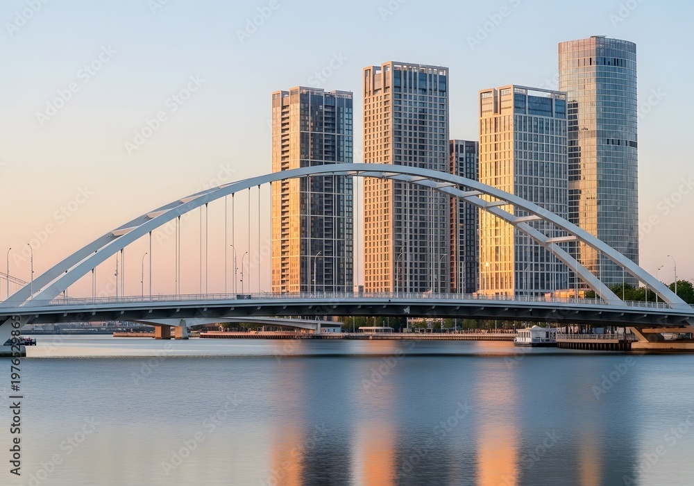 Fototapeta premium Tianjin China Skyline Tranquil Urban Panorama at Dusk Modern Architecture Arched Bridge Cityscape Beauty Canal Reflections Travel Destination East Asian Splendor Serene Evening