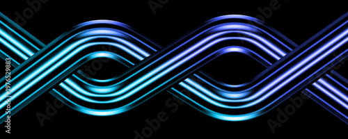 Fotografía Abstract Blue Neon Intersection with Glowing Chrome Pipes and Metallic Waves on