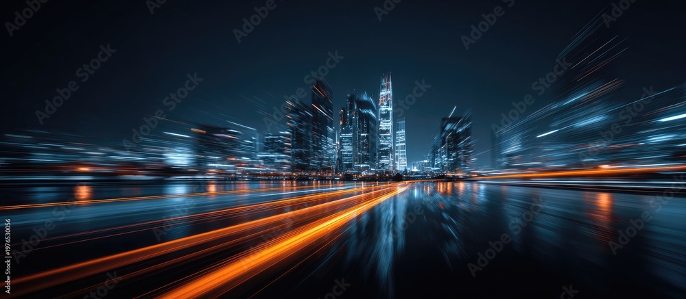 Vibrant night cityscape with blurred light streaks over a reflective wet ground