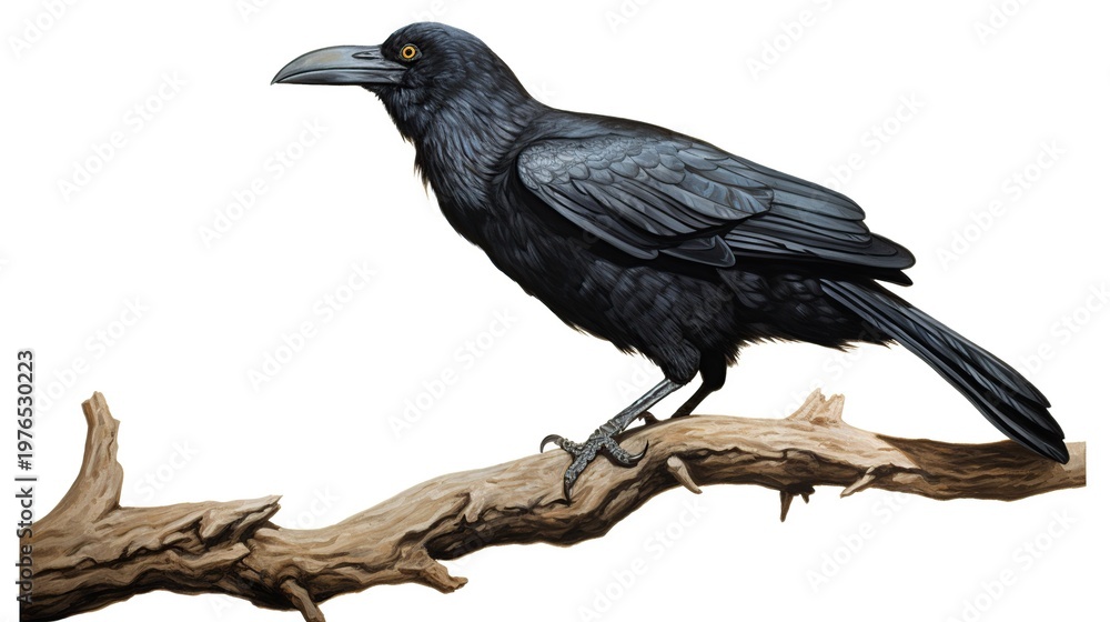 Fototapeta premium A solitary black crow perched on a weathered branch against a white background