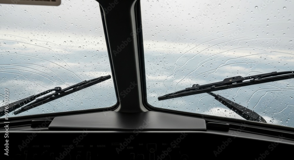 Fototapeta premium Raindrops streak across the cockpit window of an aircraft during flight.
