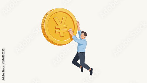 Man lifting large coin with yen symbol