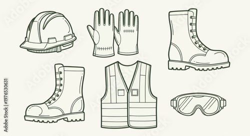 Set of personal protective equipment for construction workers safety.