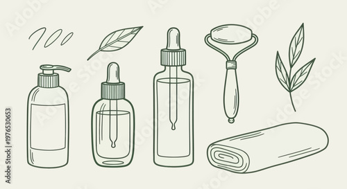 Skincare routine essentials including bottles roller and towel.