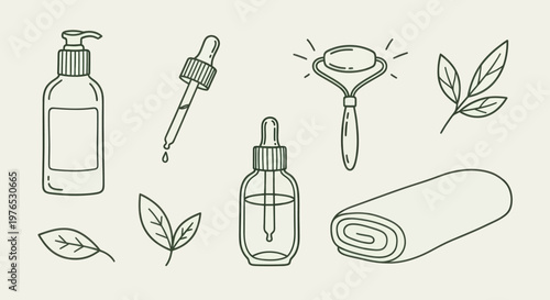 Skincare routine items and natural elements illustration.