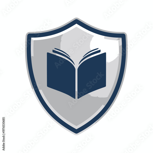 A shielded symbol with a book inside. Navy book within a gray shield with dark blue outline