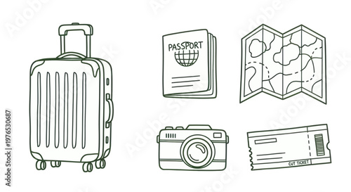Travel essentials including suitcase passport map camera and ticket.