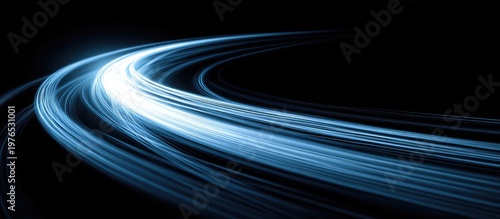 Dynamic blue light trails curving swiftly on a dark background, symbolizing speed