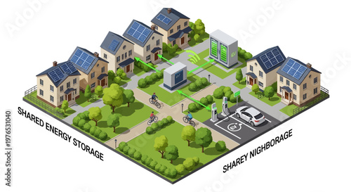 Isometric vector illustration showcasing a sustainable neighborhood with houses equipped with solar panels, connected by a community energy grid, promoting eco-friendly living on Earth Day
