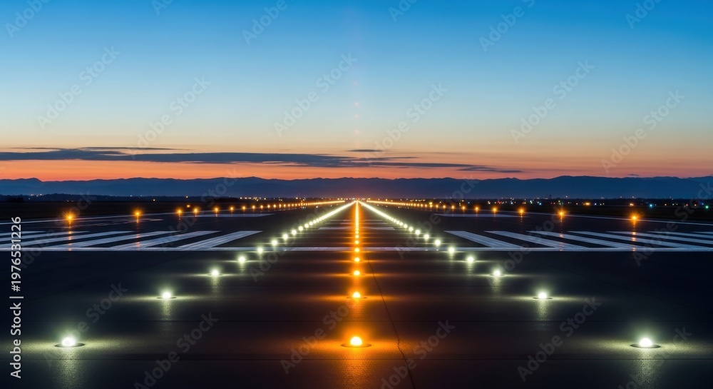 Obraz premium Runway lights illuminate a dark airport path during a colorful sunset.