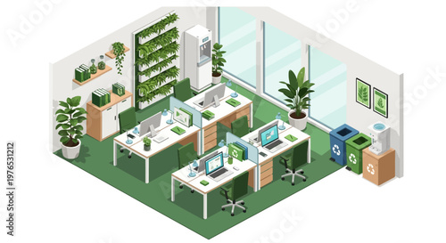 Isometric 3D vector illustration showcases a sustainable office design with an ESG workplace concept, featuring natural light, indoor plants, and recycling bins, all promoting
