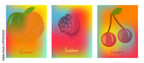 Summer set poster Abstract colorful gradient and fruit element mesh background. Design social media posts, landing pages, and apps. Vector illustration.