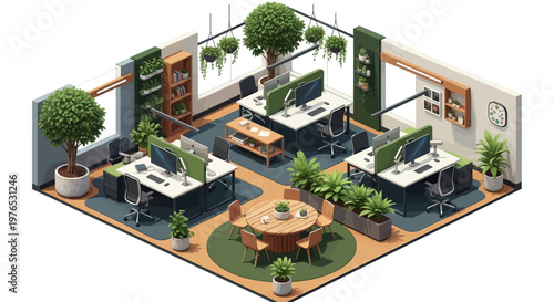 Isometric view of a sustainable office showcasing an ESG workplace design with potted plants and green decor against a white background, promoting a calm and environmentally conscious