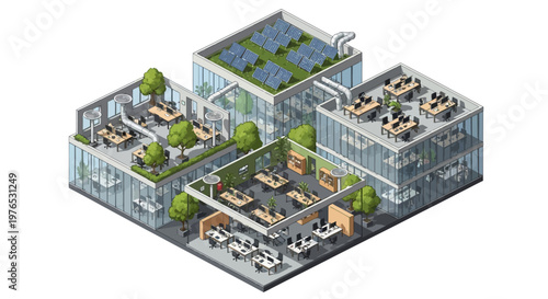 Isometric 3D rendering of a green building showcasing a sustainable office and ESG workplace, featuring rooftop gardens, solar panels, and employees working at desks in a modern