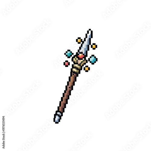 This pixel art illustration depicts a magical spear featuring a wooden shaft, sharp metallic tip, and colorful floating orbs, ideal for fantasy games.