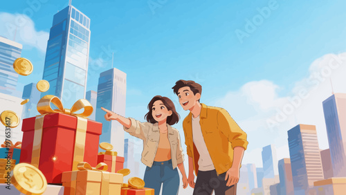 Couple with gifts in cityscape