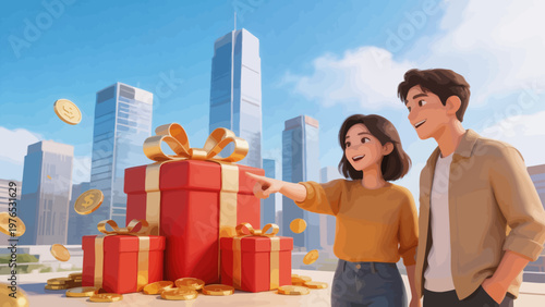 Cartoon couple with gift boxes and coins