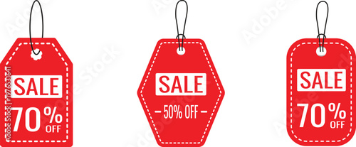 Red sale tags with percentage discounts promotional shopping offers