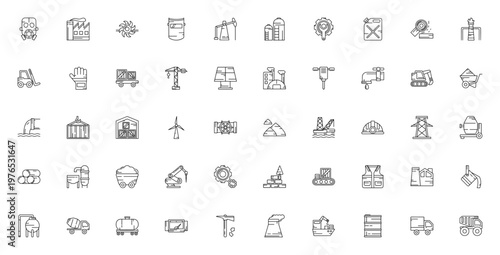 Factory icon set. Industrial vector icons pack. Minimalist line icons for manufacturing, construction, machinery, equipment, safety, logistics and more. Editable stroke.