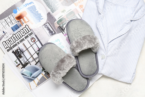 Grey slippers, pajamas and ...