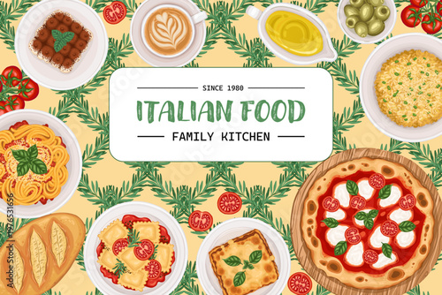 Italian food background with pizza napolitana and spaghetti bolognese. Rectangular vector hand drawn illustration for cafe menu and restaurant template. Cartoon drawing for product delivery design.