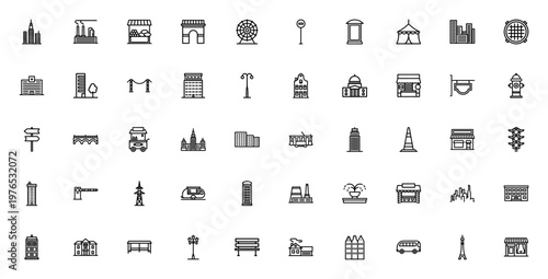 Downtown city icon set. Vector illustration of skyscrapers, shops, traffic, buildings and urban elements like bridge, tram, bus stop and street light.