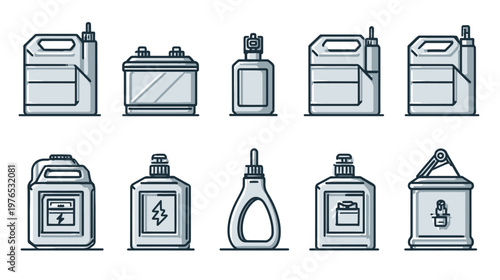 Line art vector icons of liquid containers for automotive fluids, chemicals, oil, cleaning products, and car batteries.
