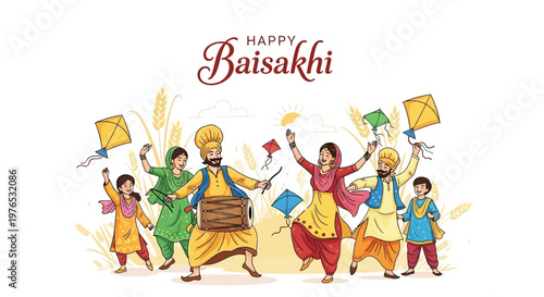 Illustrations of a joyful Baisakhi celebration, showing people in traditional Punjabi dress dancing and holding kites against a clean white background, conveying a festive atmosphere
