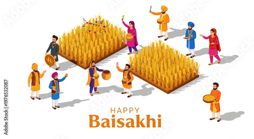 Isometric illustration showcasing a joyful Baisakhi celebration, with people in traditional Punjabi dress gathering the spring harvest in a rural Indian setting, conveying a festive
