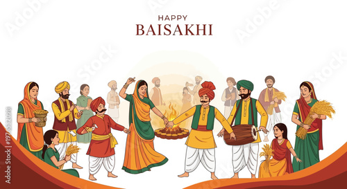 Vaisakhi celebrations are depicted in this vibrant vector illustration, showing Punjabi people in traditional dress performing folk dance Bhangra during the spring harvest festival in India