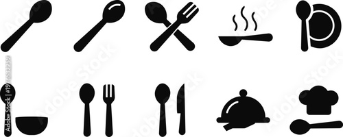 Kitchen utensil symbols set with fork spoon knife bowl plate and chef hat icons for restaurant menu design dining establishment branding and culinary web application.
