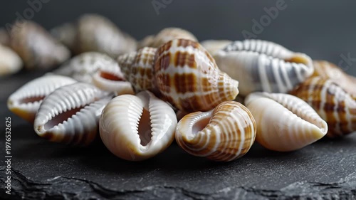 Pile of various seashells, natural beach treasures, detailed textures and patterns, dark slate background