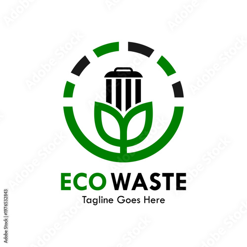 Waste management logo featuring a trash bin and green leaves inside a circular frame. Ideal for recycling, environmental cleaning, and sustainable garbage disposal services.