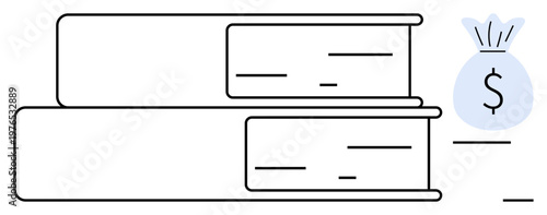 Financial planning, budgeting, education, economic growth, saving money, investment ideas. Stack of books next to a money bag with a dollar symbol. Financial planning and education