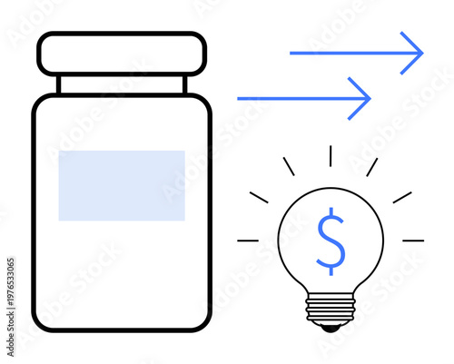 Finance, healthcare costs, innovation, investments, pharmaceutical ideas, medication pricing. A bottle beside a light bulb with a dollar sign and arrows indicating progress. Finance and healthcare