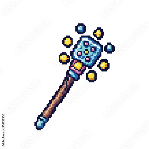 A detailed pixel art illustration of a magical wooden staff with a glowing blue gem-encrusted head surrounded by floating yellow and blue orbs.