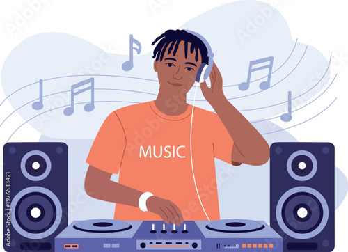 Young Male DJ Wearing Headphones Playing Music on Turntable Controller