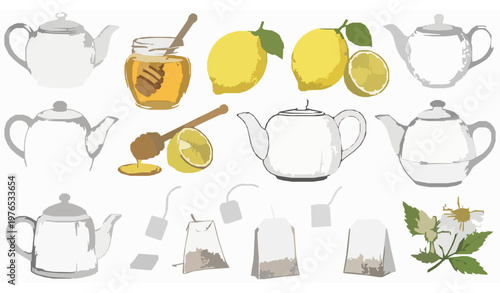 Vintage botanical tea time elements vector set with teapot honey jar lemon tea bags and chamomile flowers