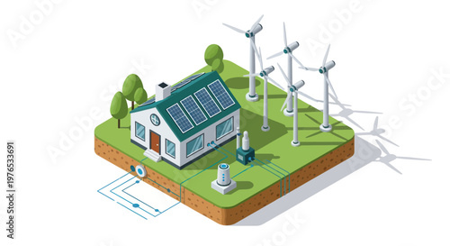 Sustainable Home with Solar Panels and Wind Turbines.