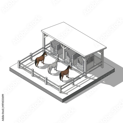 Three horses in a stable with a fenced enclosure.