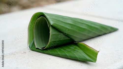 Rolled green banana leaf forming a cone shape, natural packaging, tropical tradition, sustainable material, outdoor setting