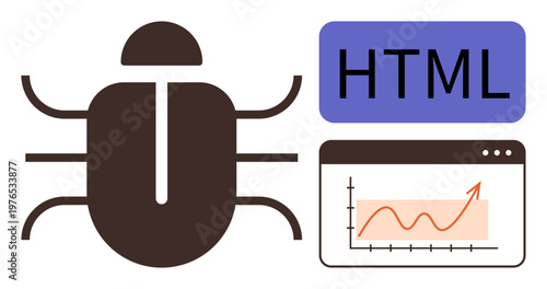 Cybersecurity, programming, malware detection, coding errors, data analysis, technology. A visual of a bug icon next to HTML text and a chart. Cybersecurity and programming concept