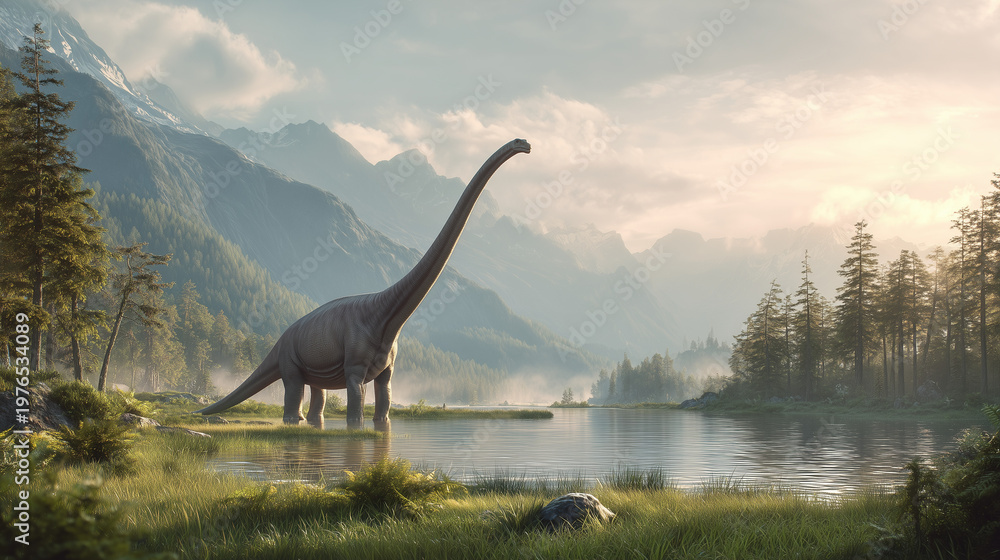 Fototapeta premium Long neck dinosaur by lake in forest mountains, peaceful prehistoric scene, soft morning light, calm water reflection and natural landscape.
