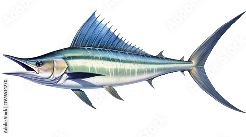 A streamlined blue-green tuna-like pelagic fish with a long forked tail and tall dorsal fin on a white background