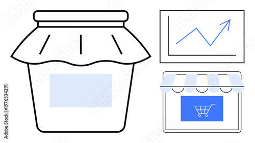 Online shopping, digital marketplaces, business growth, retail strategies, data analytics, sales trends. Graph with upward trend, product jar storefront icon. Business growth and retail strategies