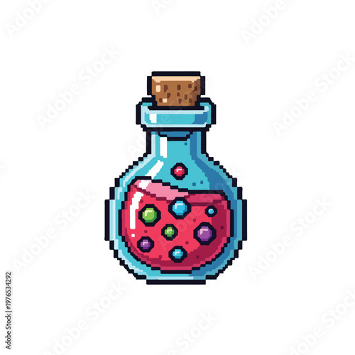 A pixel art vector of a round glass flask with a cork, containing a bubbling pink magical potion, isolated on a white background.