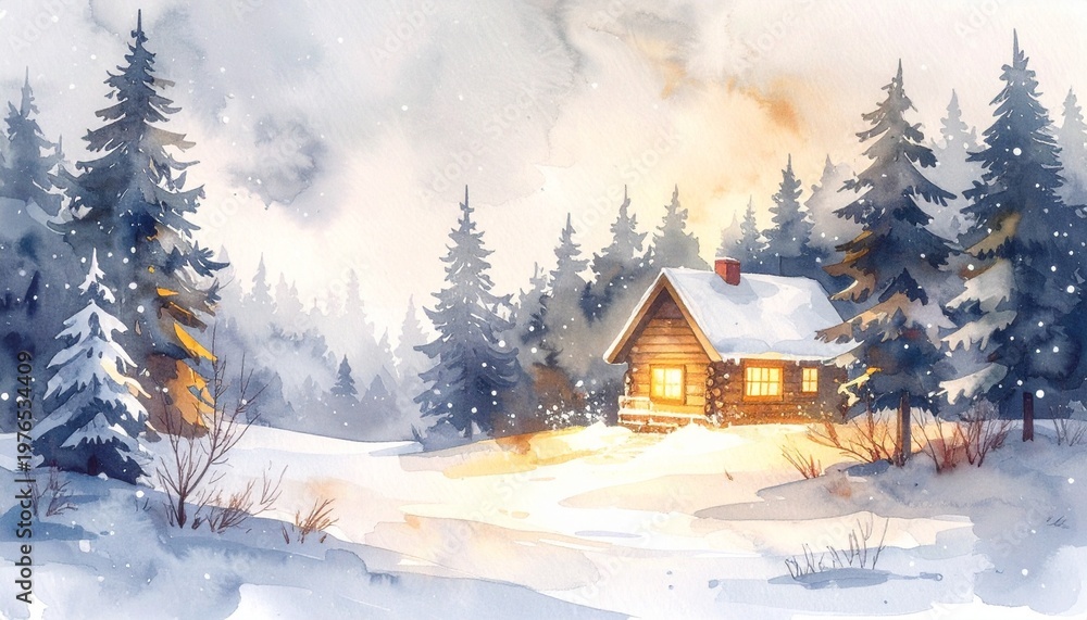 Fototapeta premium Cozy winter cabin in snowy forest with warm light, pine trees and firefly