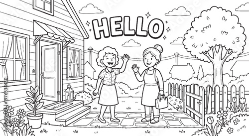 Friendly neighbour exchange greeting in front of their house in outline style, only black stroke. 