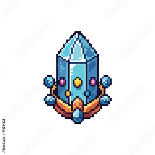 A magical pixel art crystal shard with pink and yellow gems set in an ornate golden mechanical base, isolated against a plain white background.